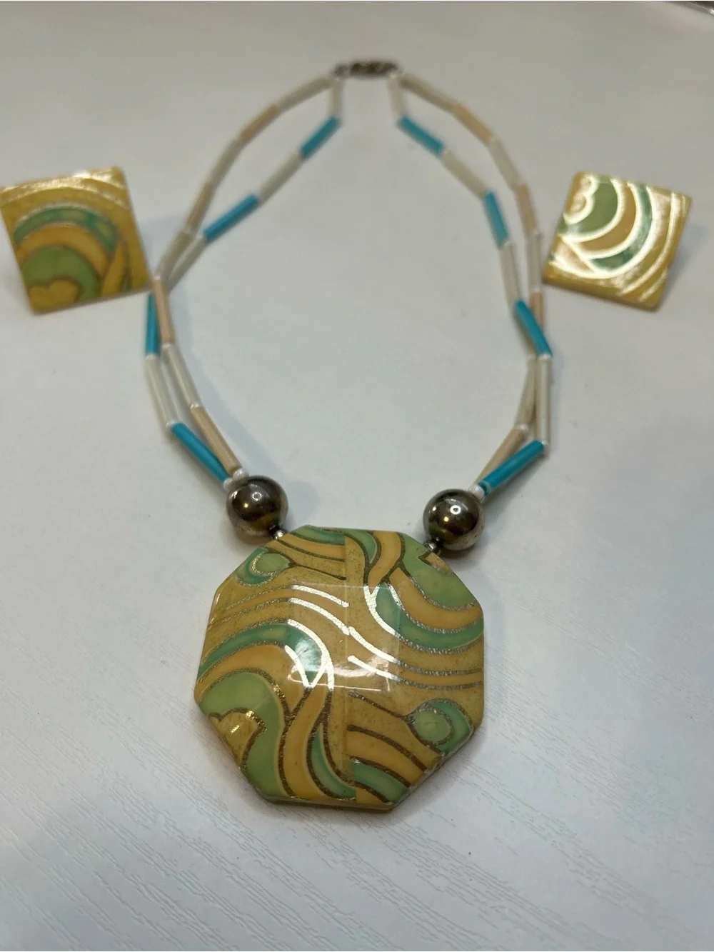 Handcrafted Green and Gold Octagon Pendant Necklace by